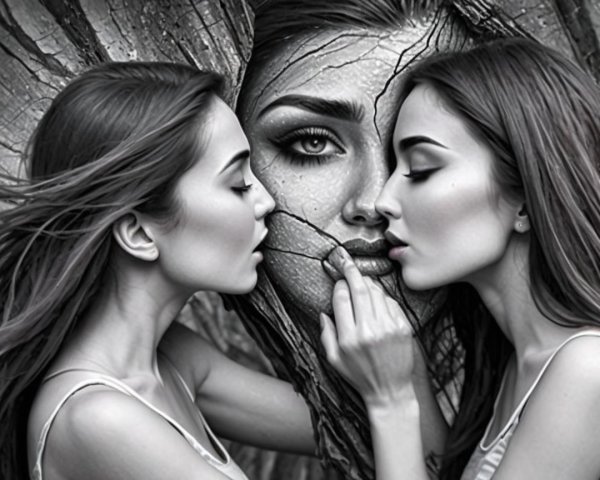 Women Mirroring Movements by Black-and-White Mural