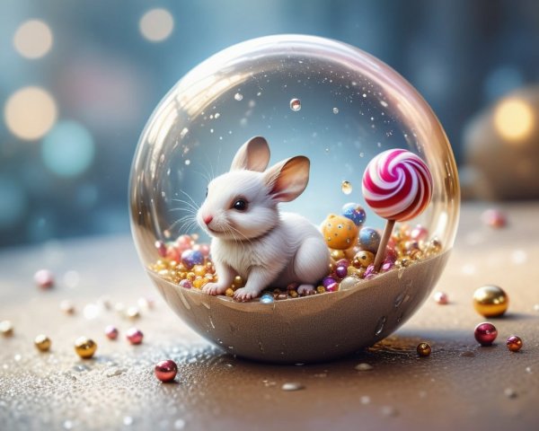 White Bunny in Glass Bowl with Colorful Beads and Lollipop