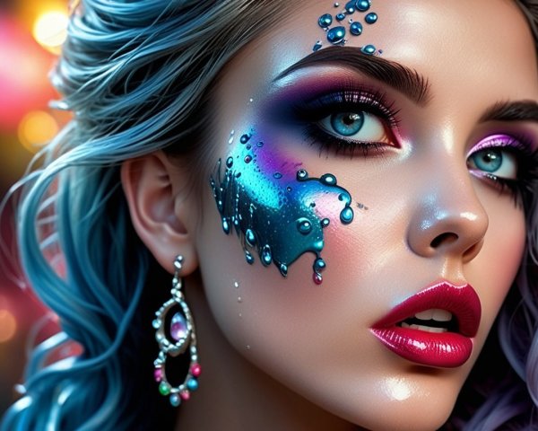 Beauty Portrait of a Woman with Blue Hair and Bold Makeup
