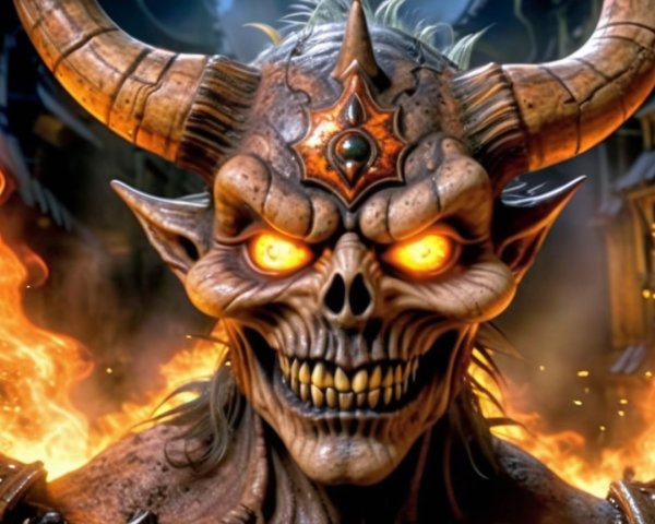 Menacing demon with curved horns and glowing eyes