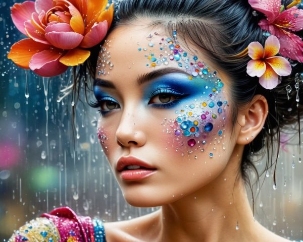 Portrait of a woman with vibrant makeup and jewels