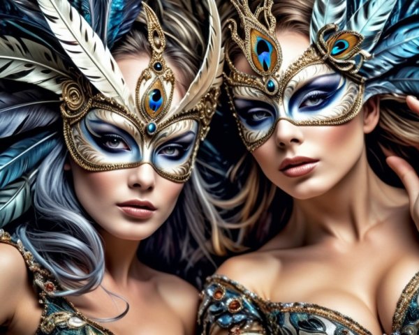 Elegant Women in Feathered Masks with Intricate Designs