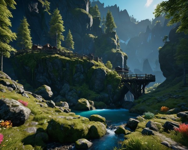 Lush Green Valley with Mountains and Rustic Cabin