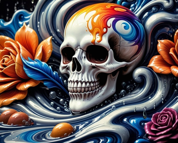 Vibrant Skull Design with Roses and Surreal Patterns