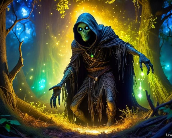 Cloaked Figure with Glowing Skull in Mystical Forest