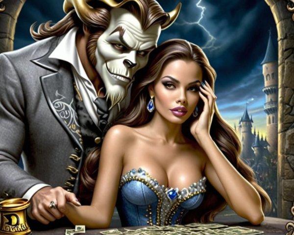 Glamorous Woman in Blue Gown at Enchanted Castle Table