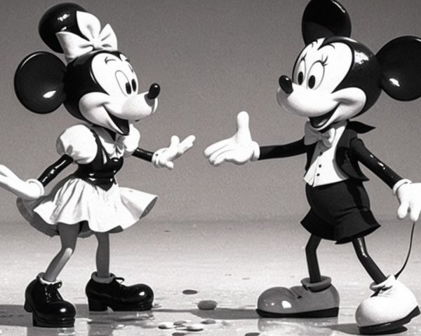 Mickey and Minnie Mouse in Whimsical Black-and-White Scene