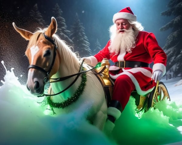 Santa Claus in a chariot pulled by a horse in snow