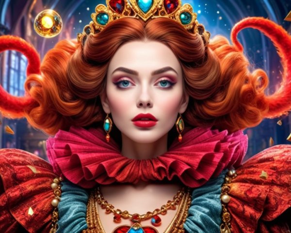 Regal figure in gown with red ruffles and crown