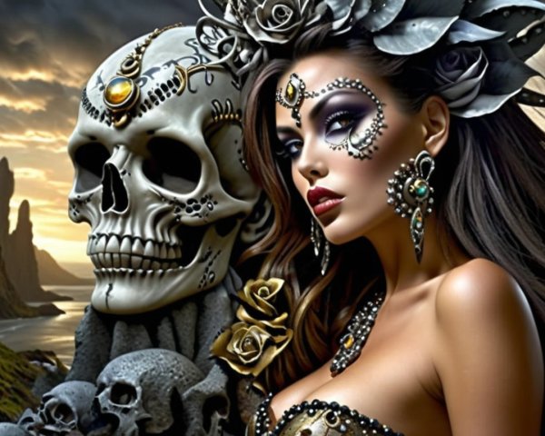 Elegant Woman with Jewelry and Skull at Sunset