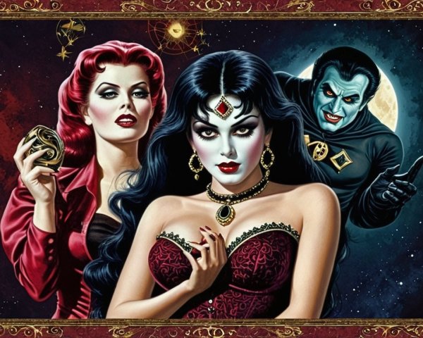 Vintage Illustration of Glamorous Figures in Night Scene