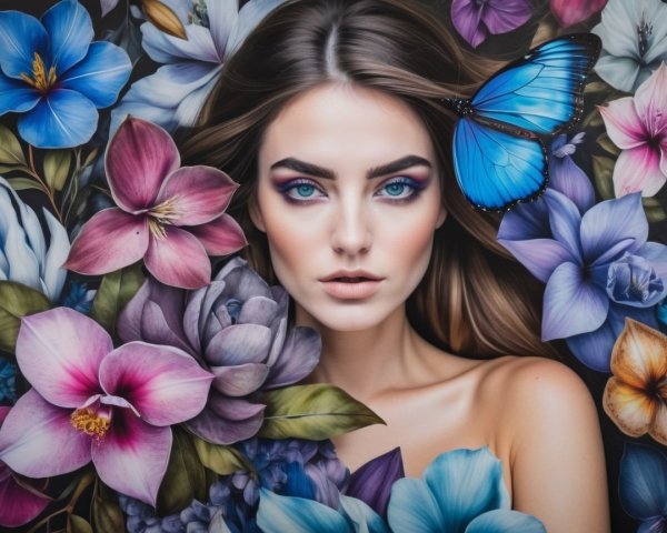 Portrait of a Woman with Colorful Floral Background