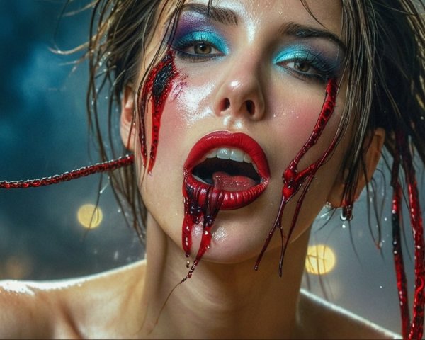 Portrait of a Woman with Dramatic Makeup and Surreal Elements