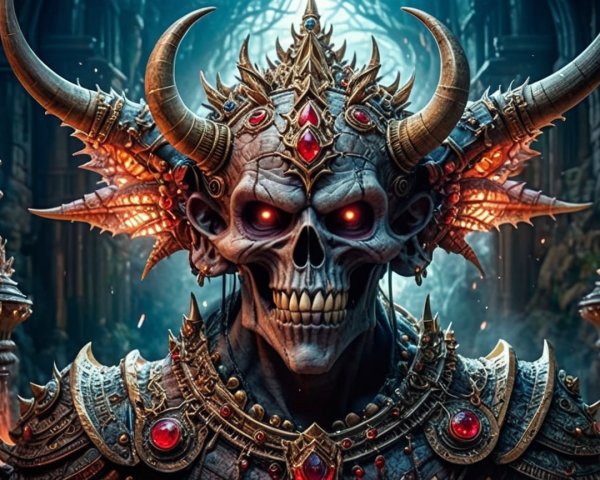 Skeletal Figure in Ornate Armor with Glowing Eyes