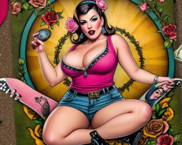 Glamorous Woman in Vintage Pin-Up Style with Roses