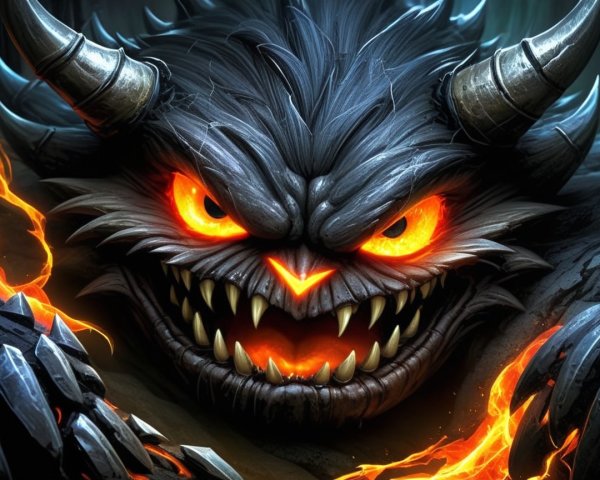 Menacing creature with glowing eyes and fiery claws