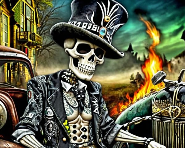 Skeleton in Edgy Outfit Among Vintage Cars and Haunting Landscape