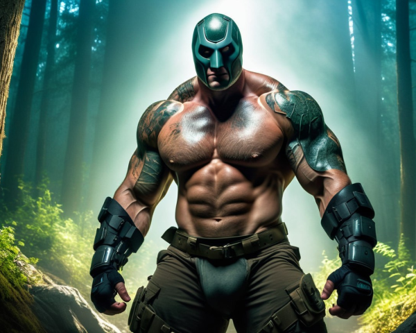 Muscular Figure in Misty Forest with Armor and Tattoos