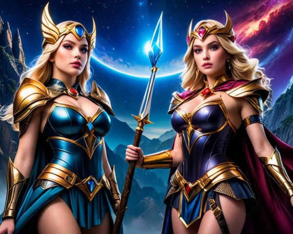 Powerful female warriors in shimmering armor with spears