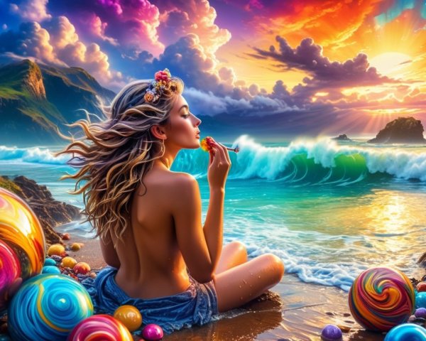 Serene Beach Scene with Woman and Colorful Elements