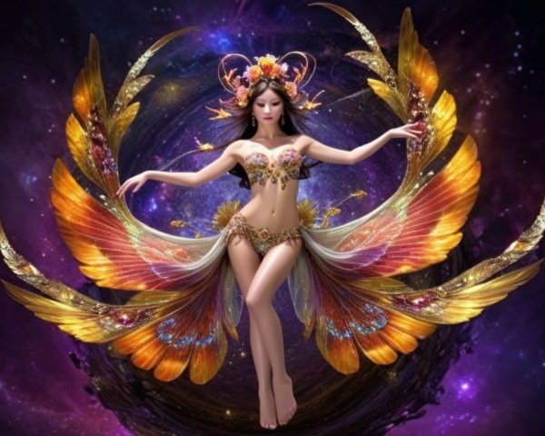 Mystical Figure in Colorful Feathers Against Galaxy
