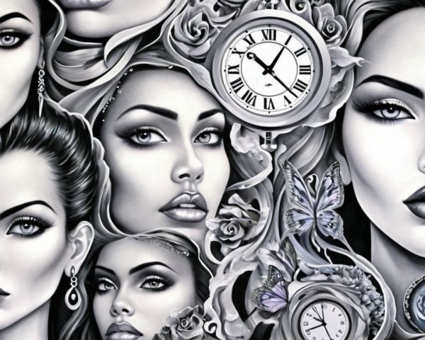Intricate Collage of Female Faces with Roses and Butterflies