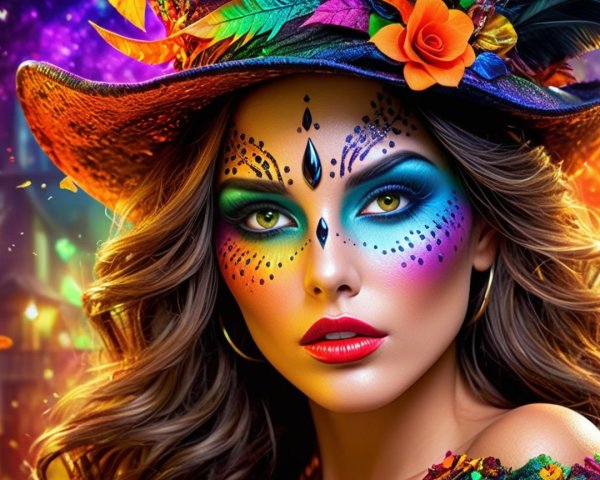 Vibrant Makeup and Festive Atmosphere with Decorative Hat