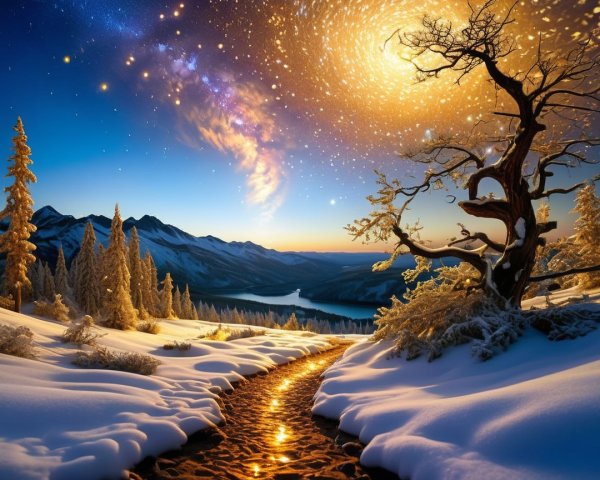 Winter Landscape with Snowy Path and Galaxy Sky