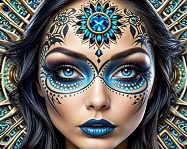 Portrait of a woman with facial tattoos and blue makeup