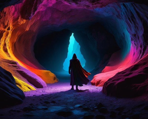 Cloaked Figure in Vibrant Cave with Ethereal Light