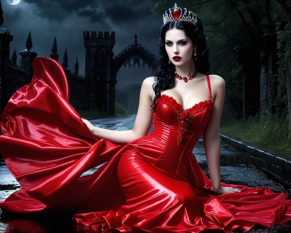 Elegant woman in red gown with gothic backdrop
