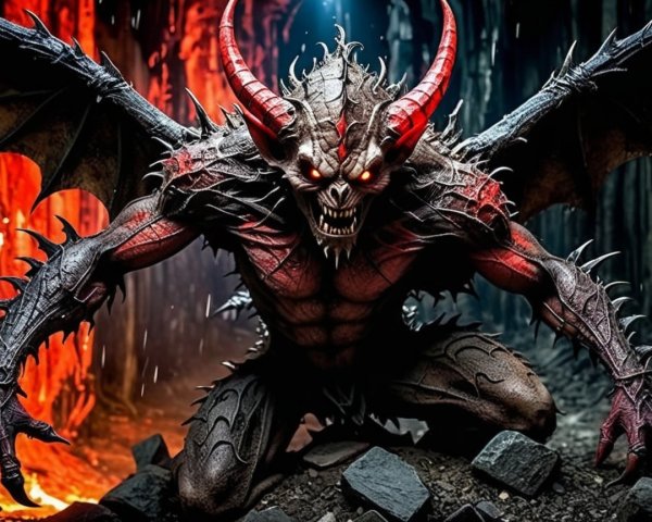 Muscular demon with bat wings in dark, fiery setting