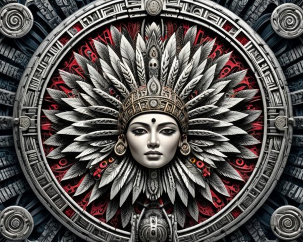 Intricate Central Face Design with Feathers and Patterns