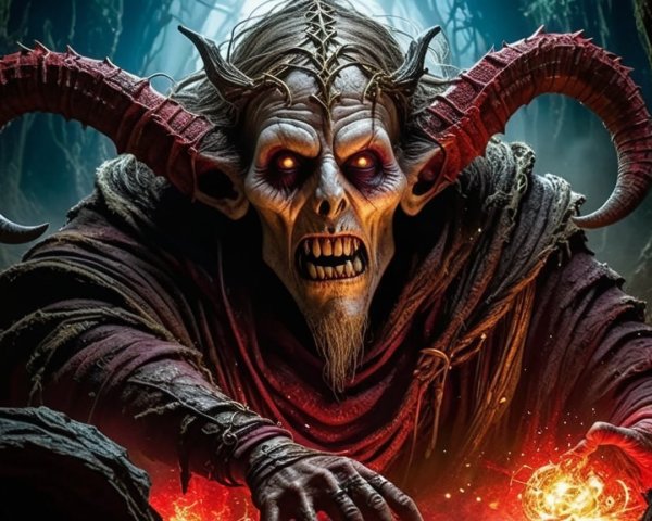 Menacing demon with horns in dark forest setting
