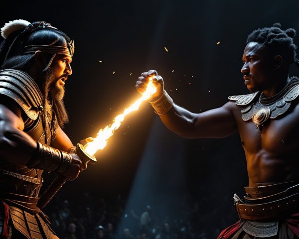 Warriors Duel in Dark Arena with Fiery Sword Clash