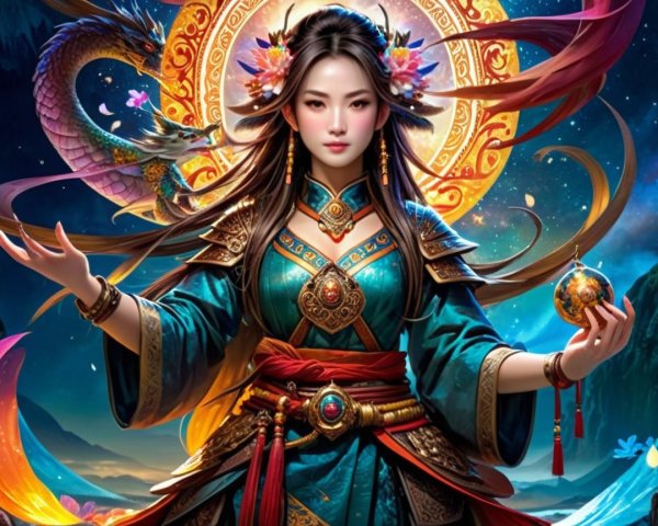 Majestic figure in vibrant robes against cosmic backdrop