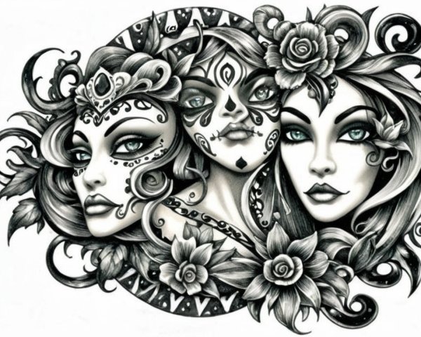 Black and white illustration of three unique female faces