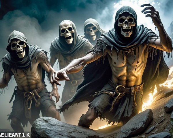 Skeletal Figures in Dark Cloaks Amidst Flickering Flames