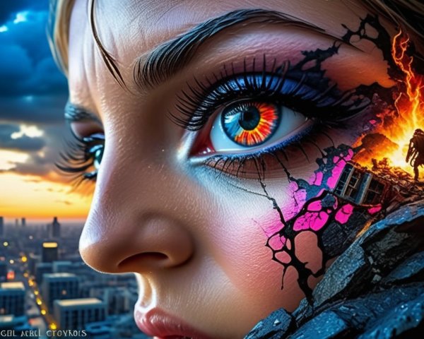 Close-Up of Woman's Face with Surreal Landscape