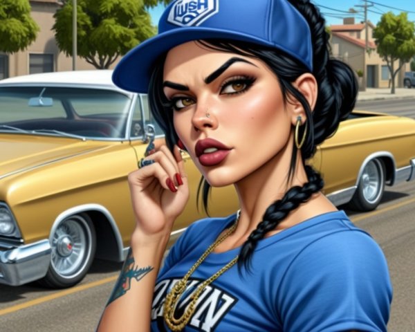 Confident Woman in Blue Cap with Vintage Car Background