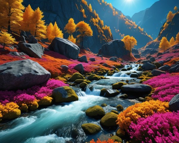 Vibrant Valley with Stream and Colorful Vegetation
