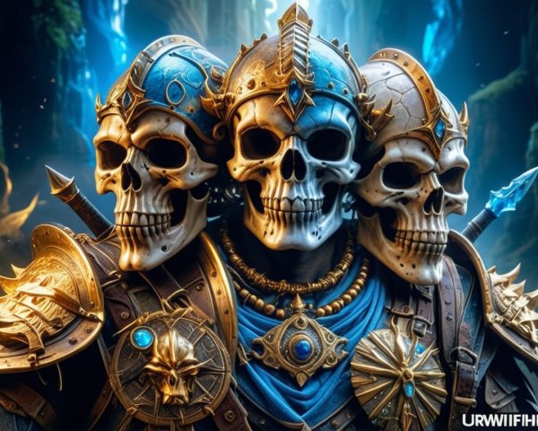 Ornate armored figure with three skulls and magic themes