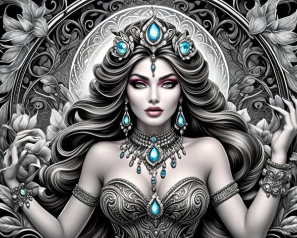 Ethereal Woman with Jewelry and Mandala Background