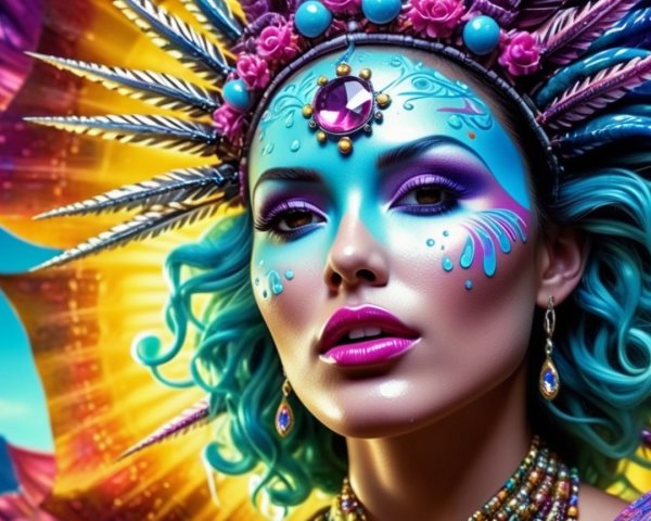 Vibrant Artistic Makeup and Elaborate Headdress Design