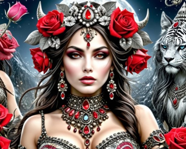 Mystical Woman with Jewelry and White Tiger in Fantasy Scene