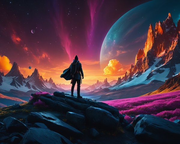 Figure on Rocky Outcrop Overlooking Vibrant Landscape