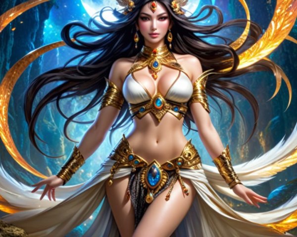 Regal Woman in Fantasy Scene with Golden Wings