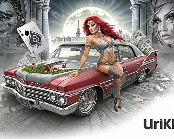 Classic Car with Greenery and Mystical Background