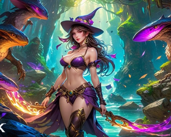 Sorceress in a Mystical Forest with Magical Creatures