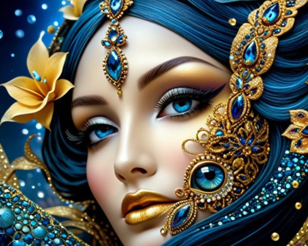 Adorned Woman with Blue Hair and Elegant Accessories